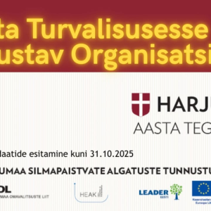Kas oled märganud oma kogukonnas organisatsiooni, kes on silma paistnud turvalisuse edendamisel – olnud aktiivne partner kohalikele ning pannud südame ja jõu füüsilise ja sotsiaalse turvalisuse tugevdamisse? 
Eelmise aasta kategooria võitja oli Suursoo Külaselts (Rae vald), kes koostas hädaolukorra plaani, kerksuskeskuse ja korraldas koolitusi – näide tõhusast kogukondlikust turvalisuse tugevdamisest.
👉 Esita kandidaat kategoorias „Aasta Turvalisusesse Panustav Organisatsioon” https://www.heak.ee/harjumaa-aasta-tegija/parim-siseturvalisusesse-panustav-organisatsioon/